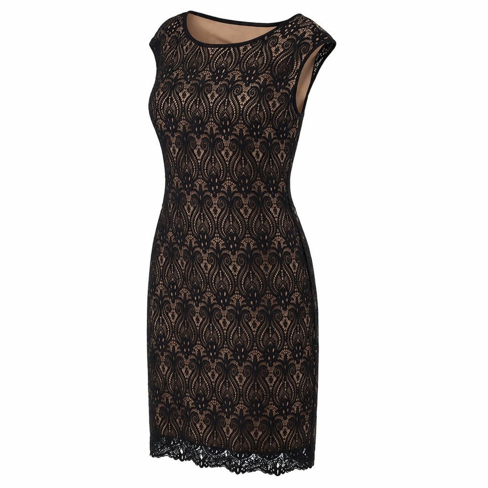 Connected Apparel Black Lace Overlay Nude Lined Cocktail Dress Women's 8